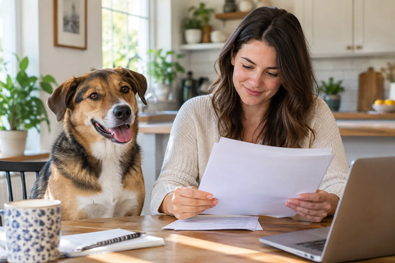 Owner reading a document at home beside a dog